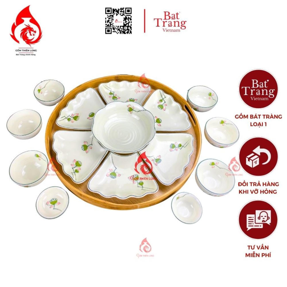 Bộ Bát Đĩa Hoa Mặt Trời Men Kem Vẽ Đài Sen