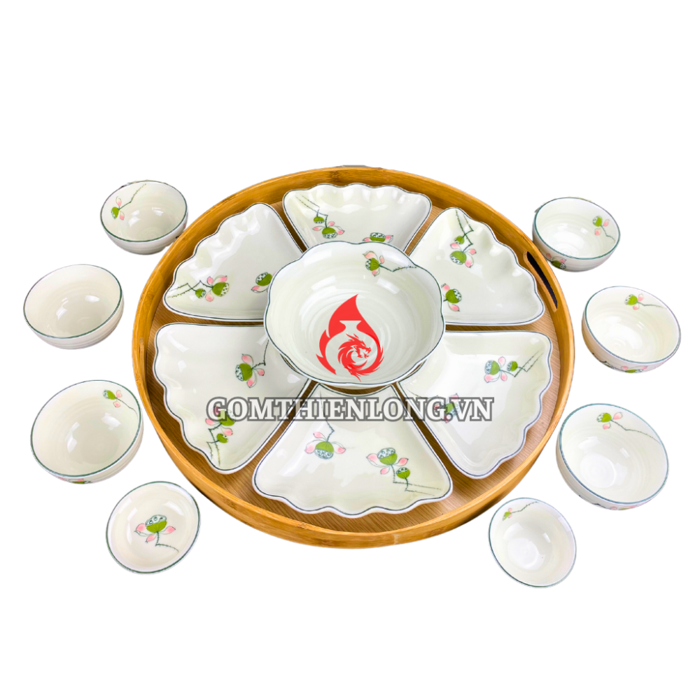 Bộ Bát Đĩa Hoa Mặt Trời Men Kem Vẽ Đài Sen