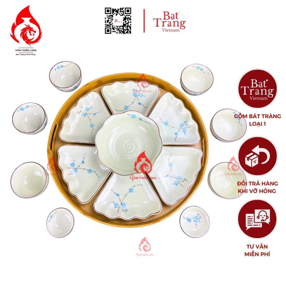 Bộ Bát Đĩa Hoa Mặt Trời Men Kem Vẽ Đào Xanh