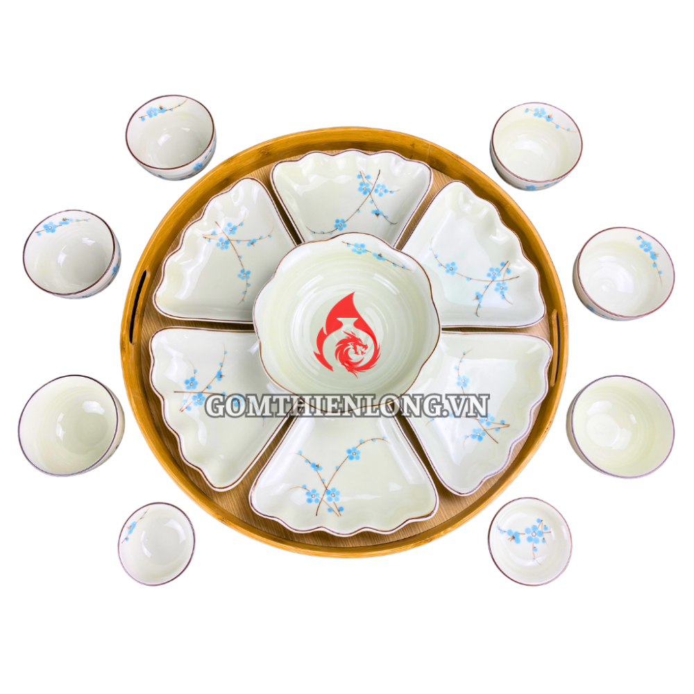 Bộ Bát Đĩa Hoa Mặt Trời Men Kem Vẽ Đào Xanh