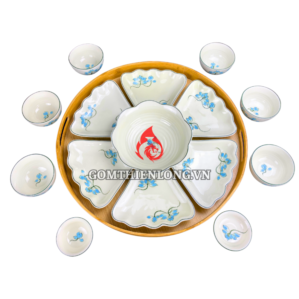 Bộ Bát Đĩa Hoa Mặt Trời Men Kem Vẽ Sen Xanh
