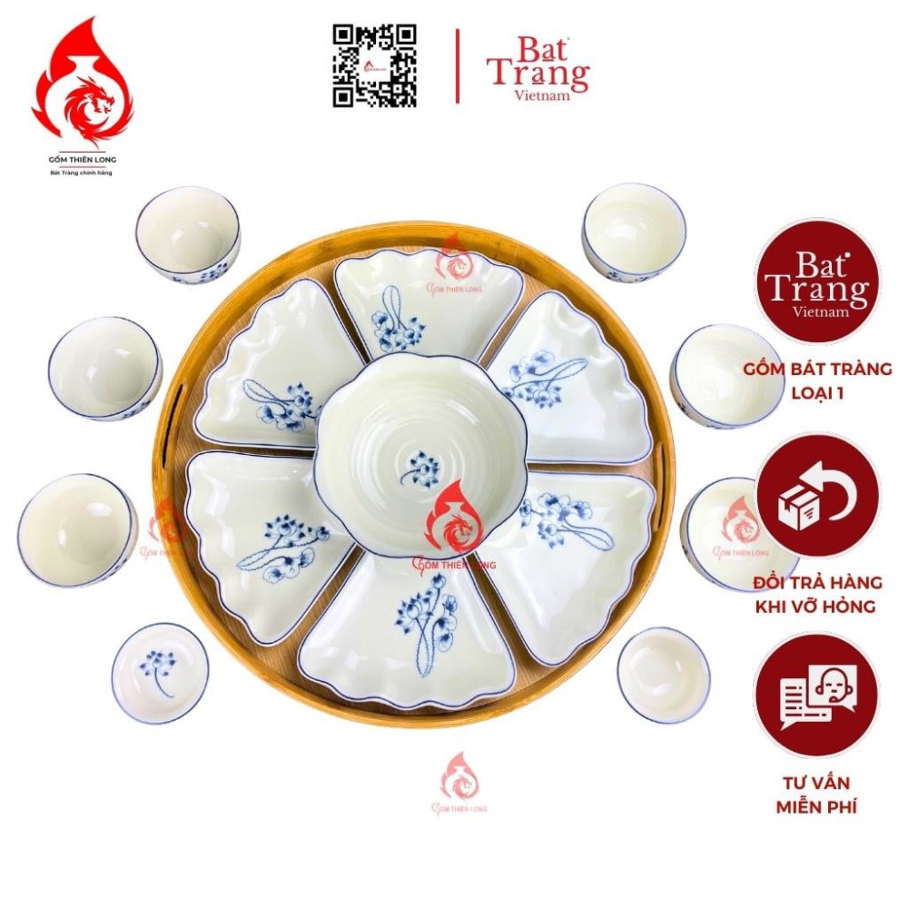 Bộ Bát Đĩa Hoa Mặt Trời Men Kem Vẽ Sen Chàm
