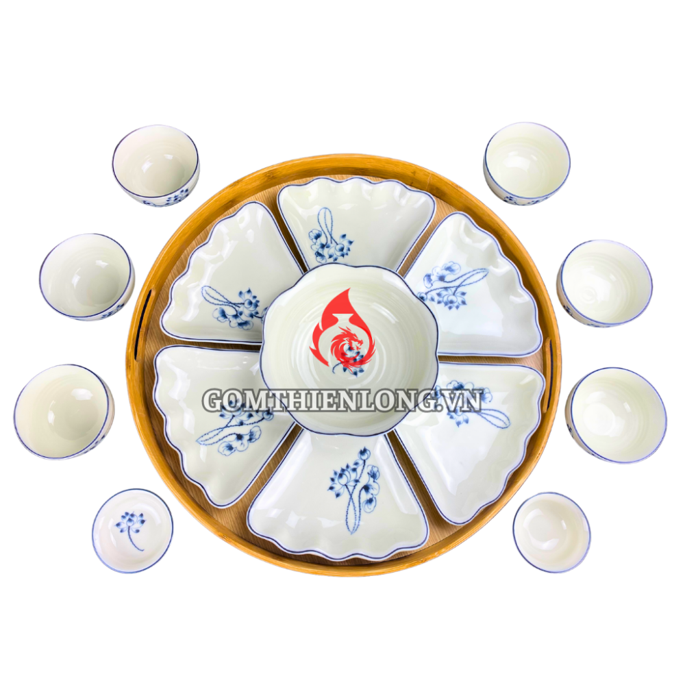 Bộ Bát Đĩa Hoa Mặt Trời Men Kem Vẽ Sen Chàm
