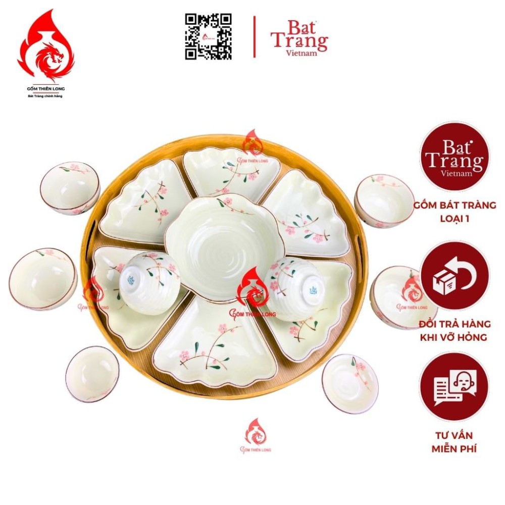 Bộ Bát Đĩa Hoa Mặt Trời Men Kem Vẽ Đào Hồng