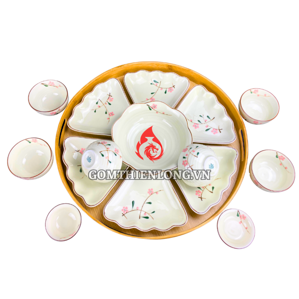 Bộ Bát Đĩa Hoa Mặt Trời Men Kem Vẽ Đào Hồng