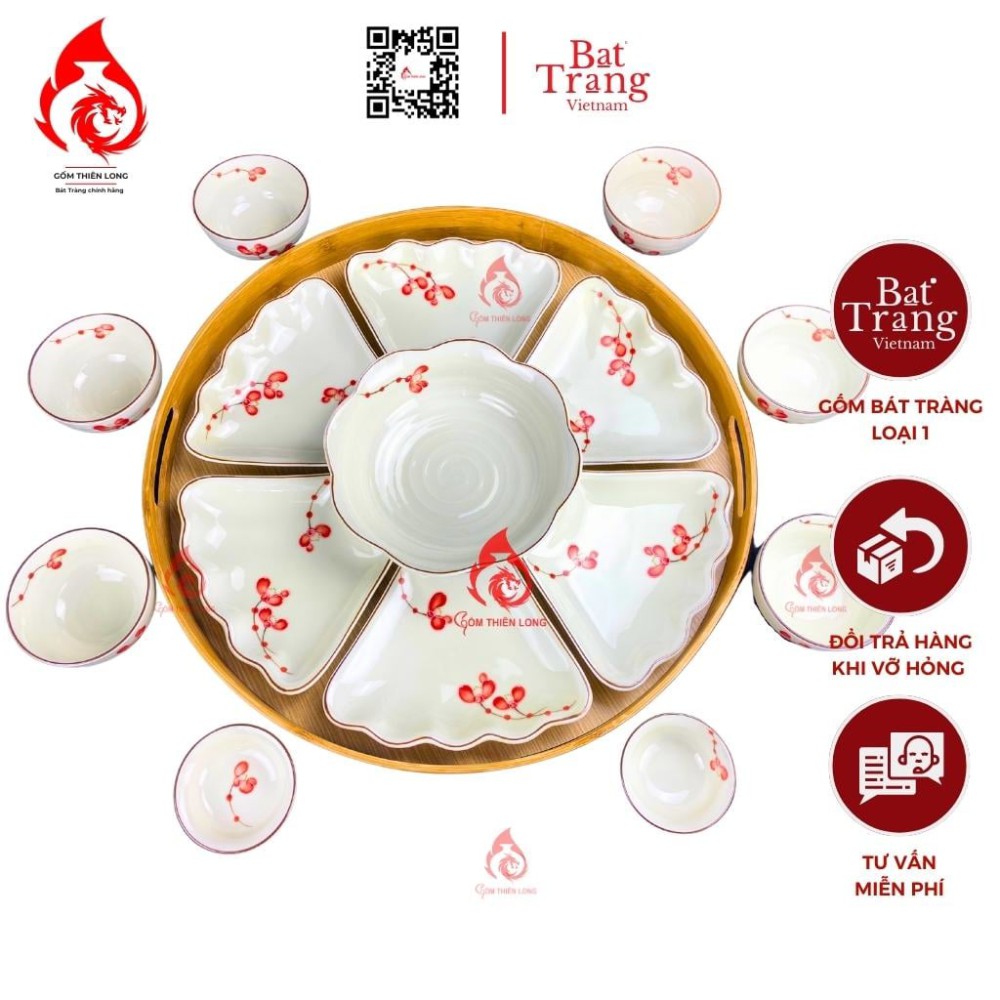 Bộ Bát Đĩa Hoa Mặt Trời Men Kem Vẽ Đào Đỏ