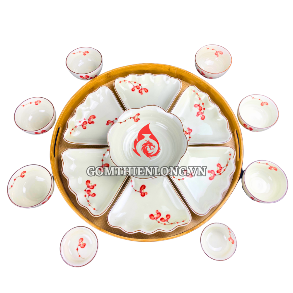 Bộ Bát Đĩa Hoa Mặt Trời Men Kem Vẽ Đào Đỏ