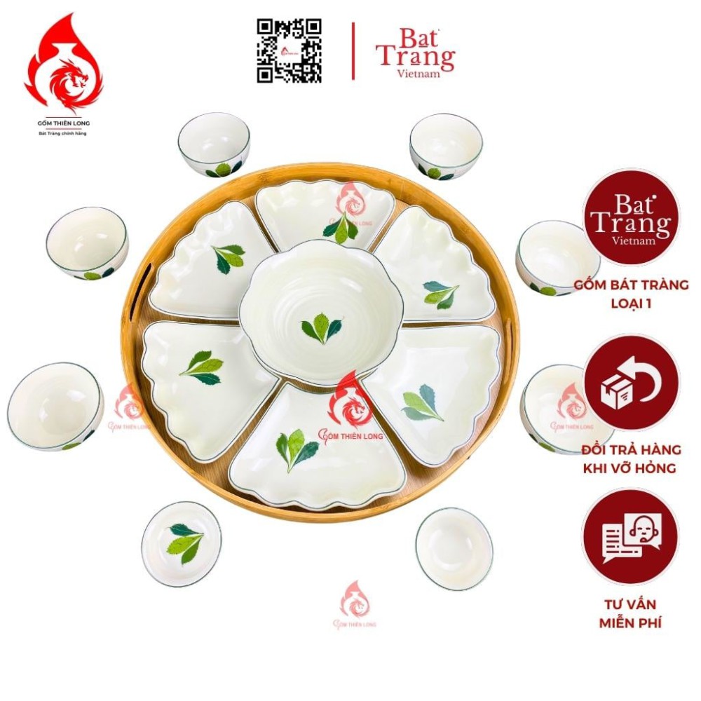 Bộ Bát Đĩa Hoa Mặt Trời Men Kem Vẽ Ngò Gai