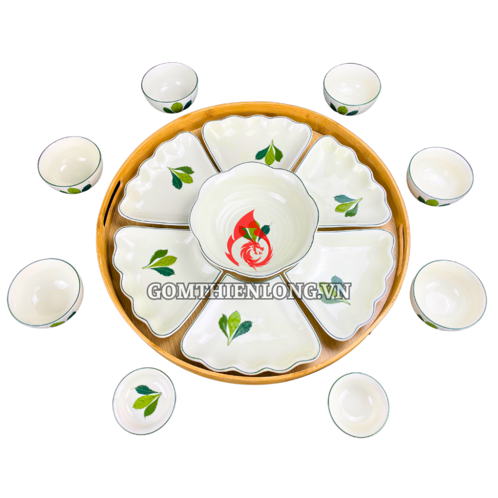 Bộ Bát Đĩa Hoa Mặt Trời Men Kem Vẽ Ngò Gai