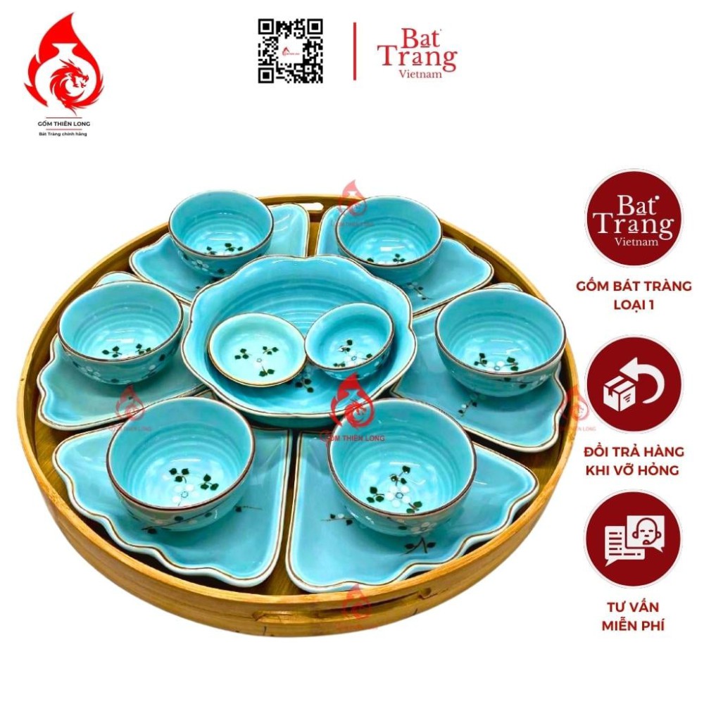 Bộ Bát Đĩa Hoa Mặt Trời Xanh Ngọc Vẽ Đào Trắng