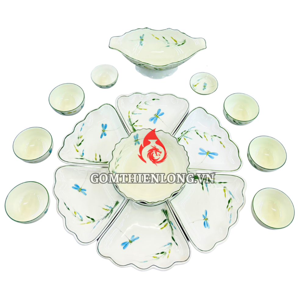 Bộ Bát Đĩa Hoa Mặt Trời Vẽ Trúc Chuồn 230911