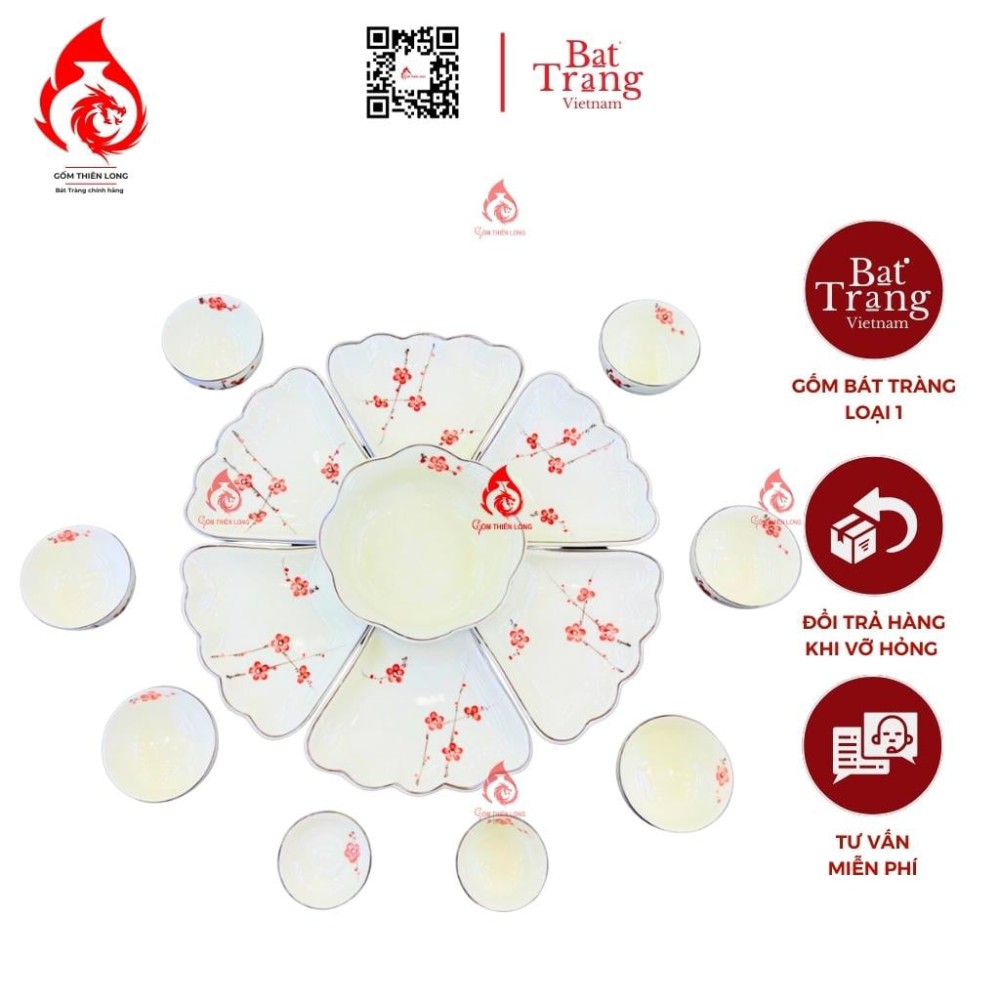 Bộ Bát Đĩa Hoa Mặt Trời Vẽ Đào Đỏ 230905