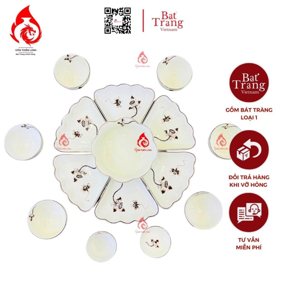 Bộ Bát Đĩa Hoa Mặt Trời Vẽ Sen Chàm 230907