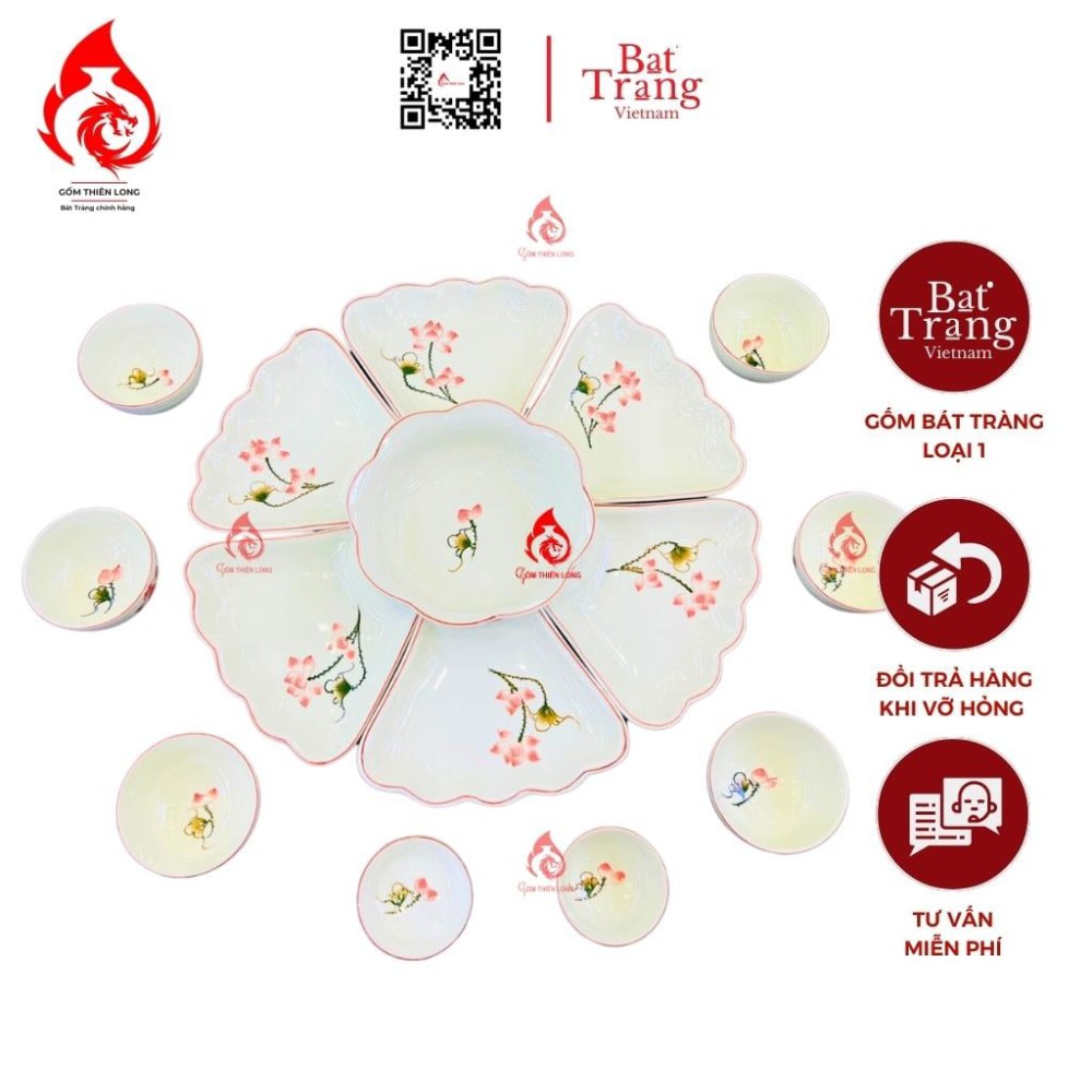 Bộ Bát Đĩa Hoa Mặt Trời Vẽ Sen Hồng 230908