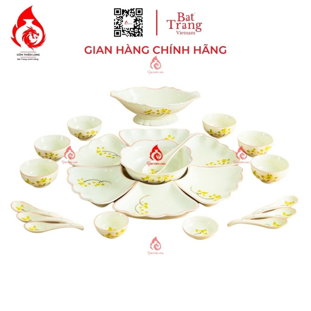 Bộ Bát Đĩa Hoa Mặt Trời Vẽ Sen Vàng 230909