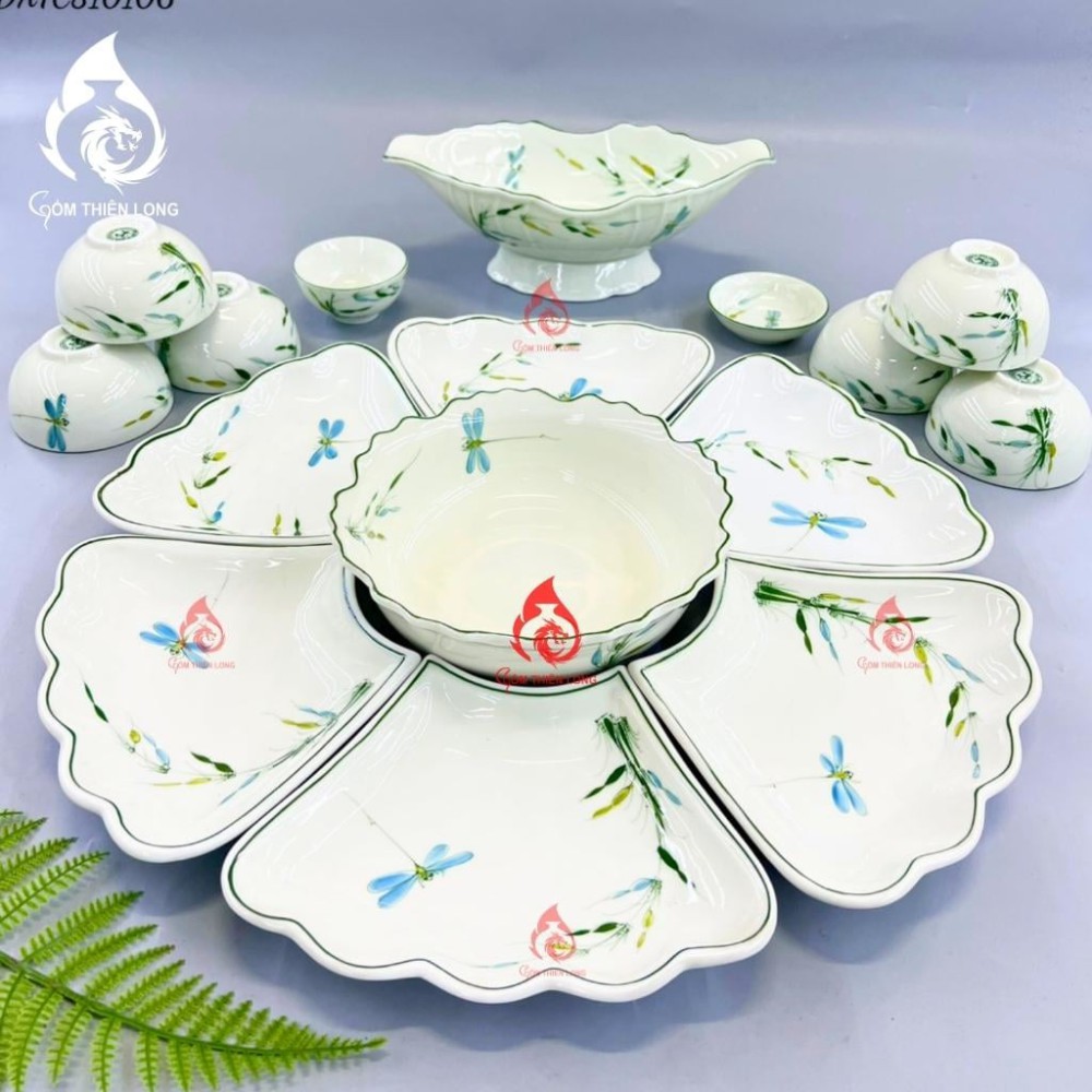 Bộ Bát Đĩa Hoa Mặt Trời Vẽ Trúc Chuồn 230911