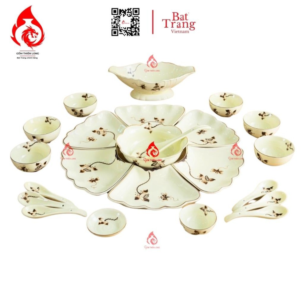 Bộ Bát Đĩa Hoa Mặt Trời Vẽ Sen Chàm 230907