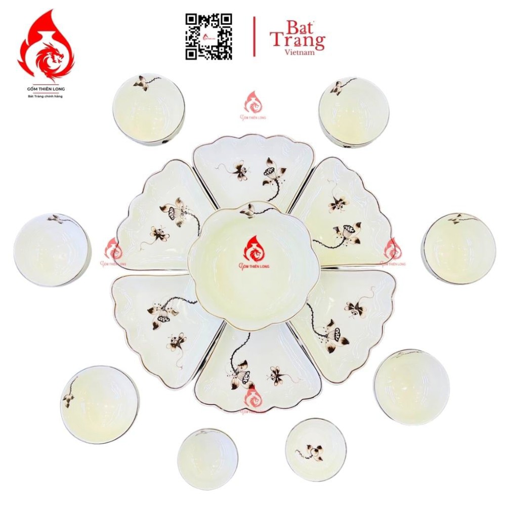 Bộ Bát Đĩa Hoa Mặt Trời Vẽ Sen Chàm 230907