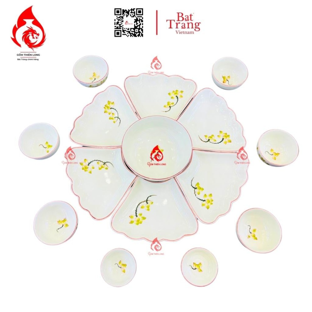 Bộ Bát Đĩa Hoa Mặt Trời Vẽ Sen Vàng 230909