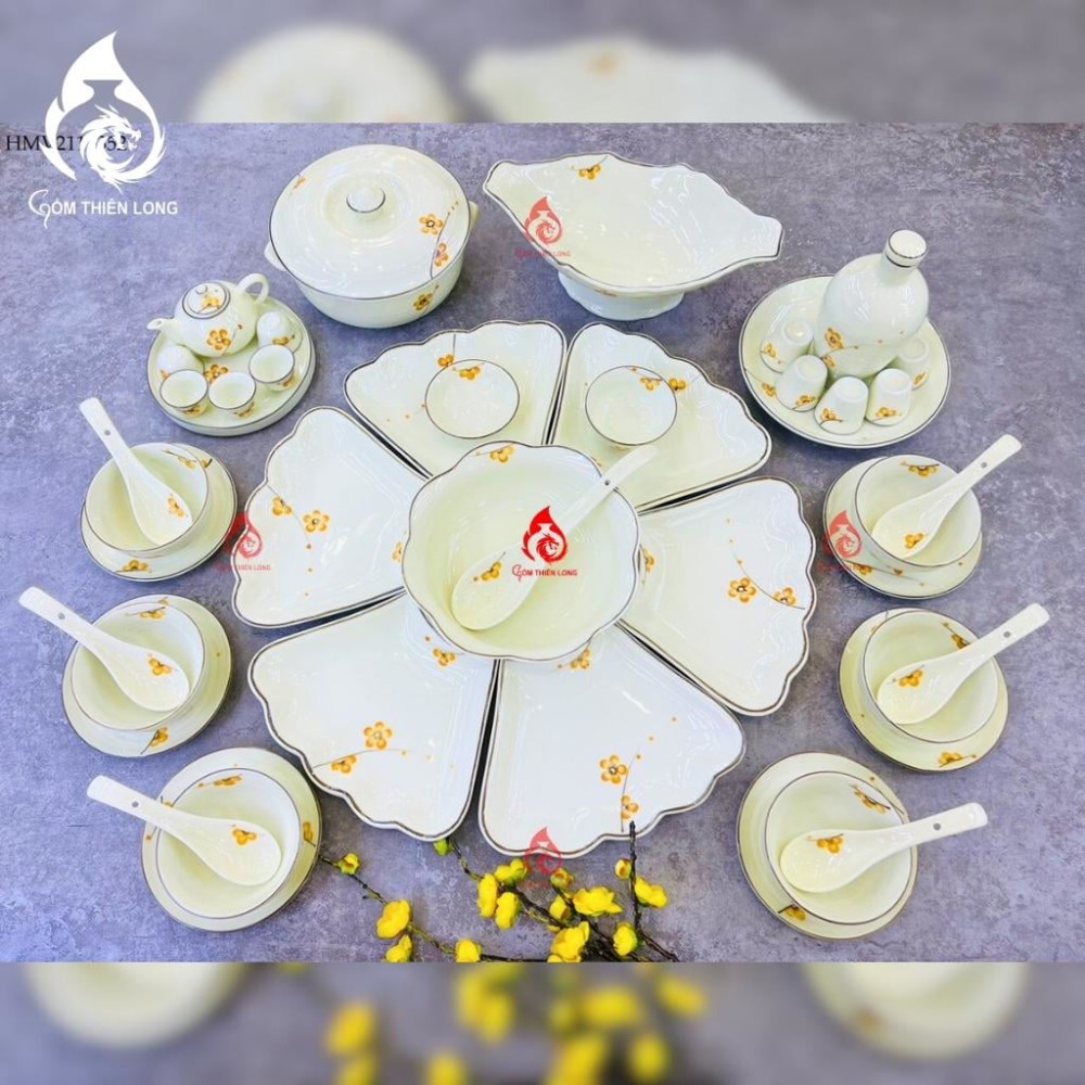 Bộ Bát Đĩa Hoa Mặt Trời Vẽ Mai Vàng 230906