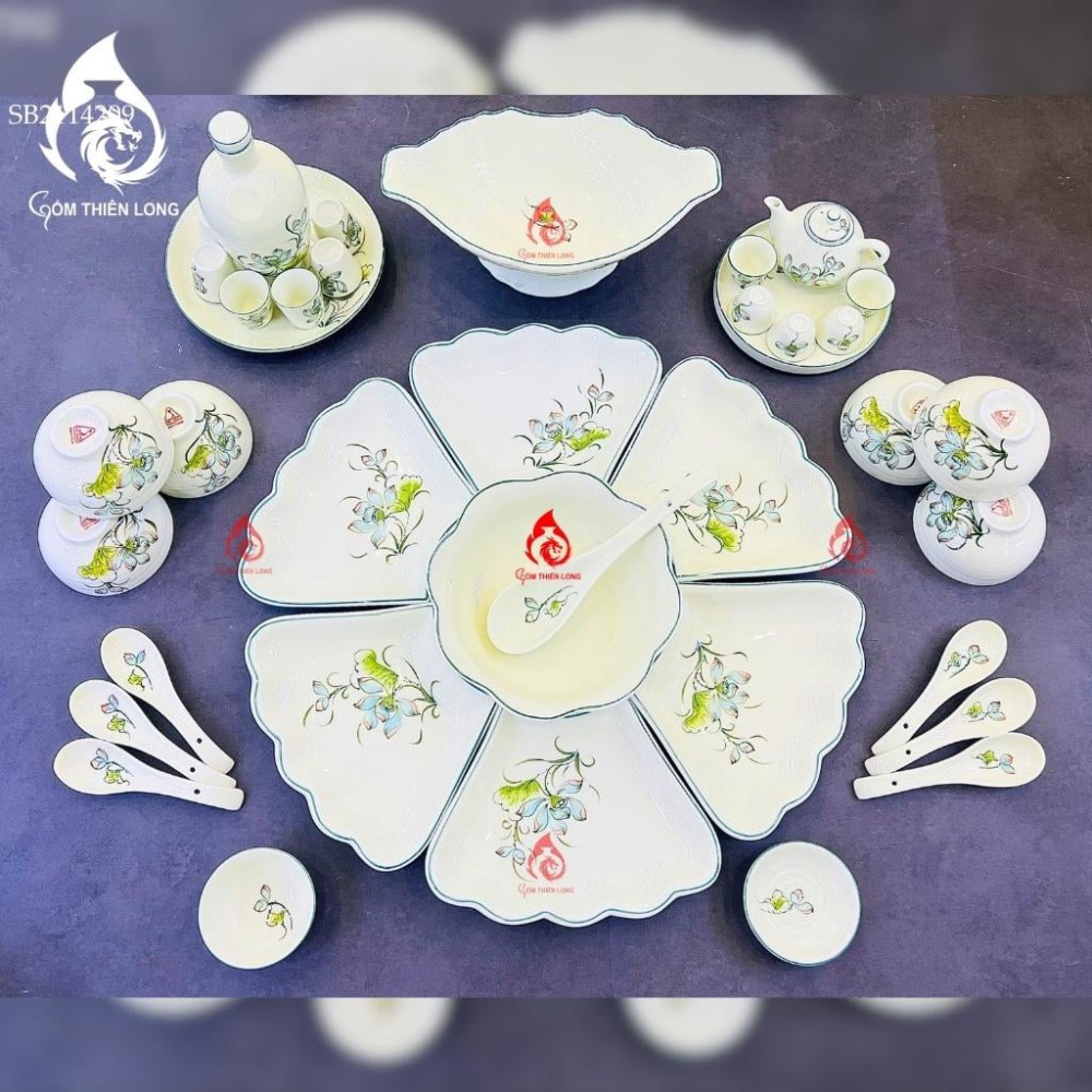 Bộ Bát Đĩa Hoa Mặt Trời Vẽ Sen Bóng 230904