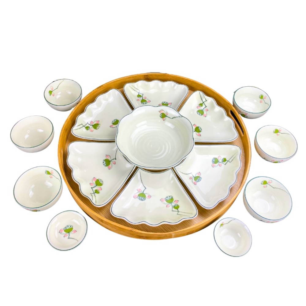 Bộ Bát Đĩa Hoa Mặt Trời Men Kem Vẽ Đài Sen