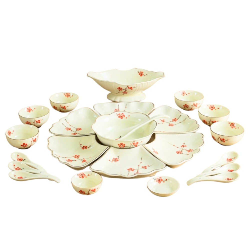 Bộ Bát Đĩa Hoa Mặt Trời Vẽ Đào Đỏ 230905