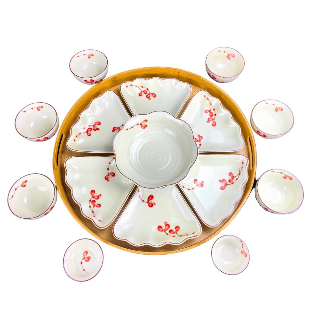 Bộ Bát Đĩa Hoa Mặt Trời Men Kem Vẽ Đào Đỏ