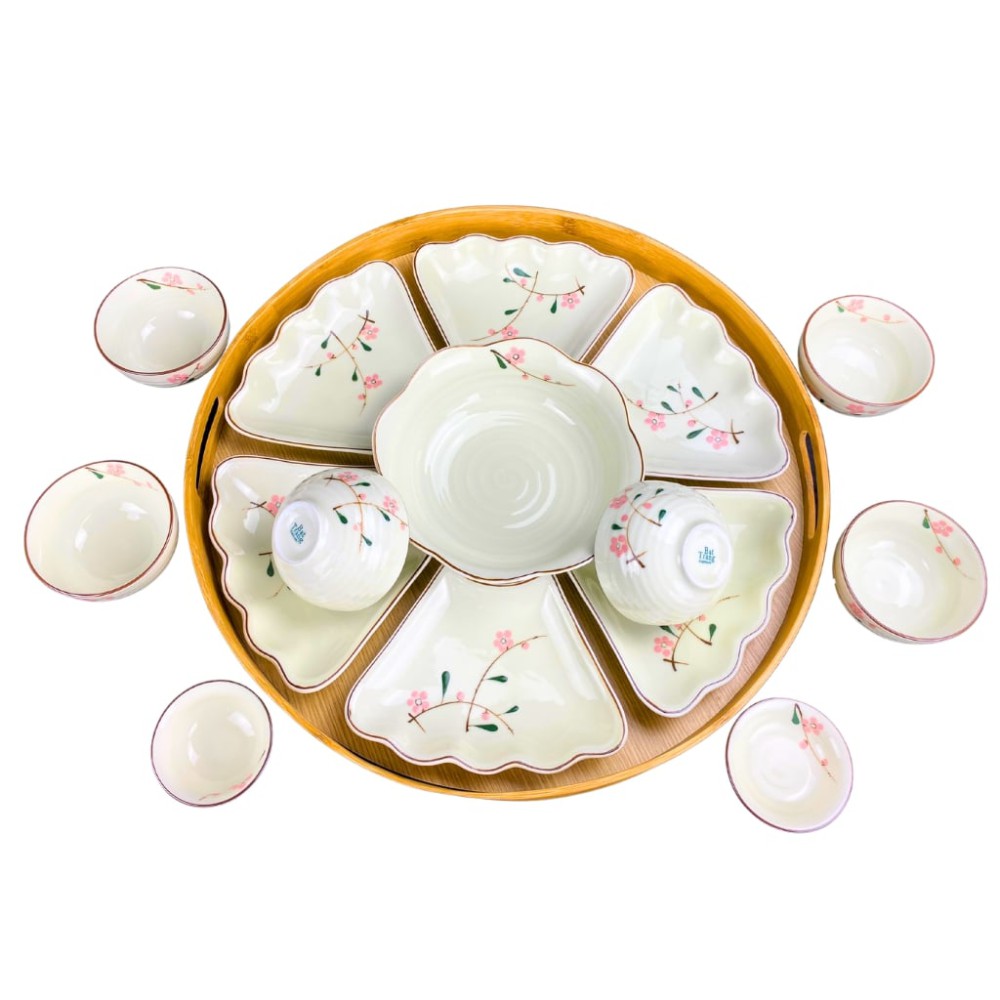 Bộ Bát Đĩa Hoa Mặt Trời Men Kem Vẽ Đào Hồng