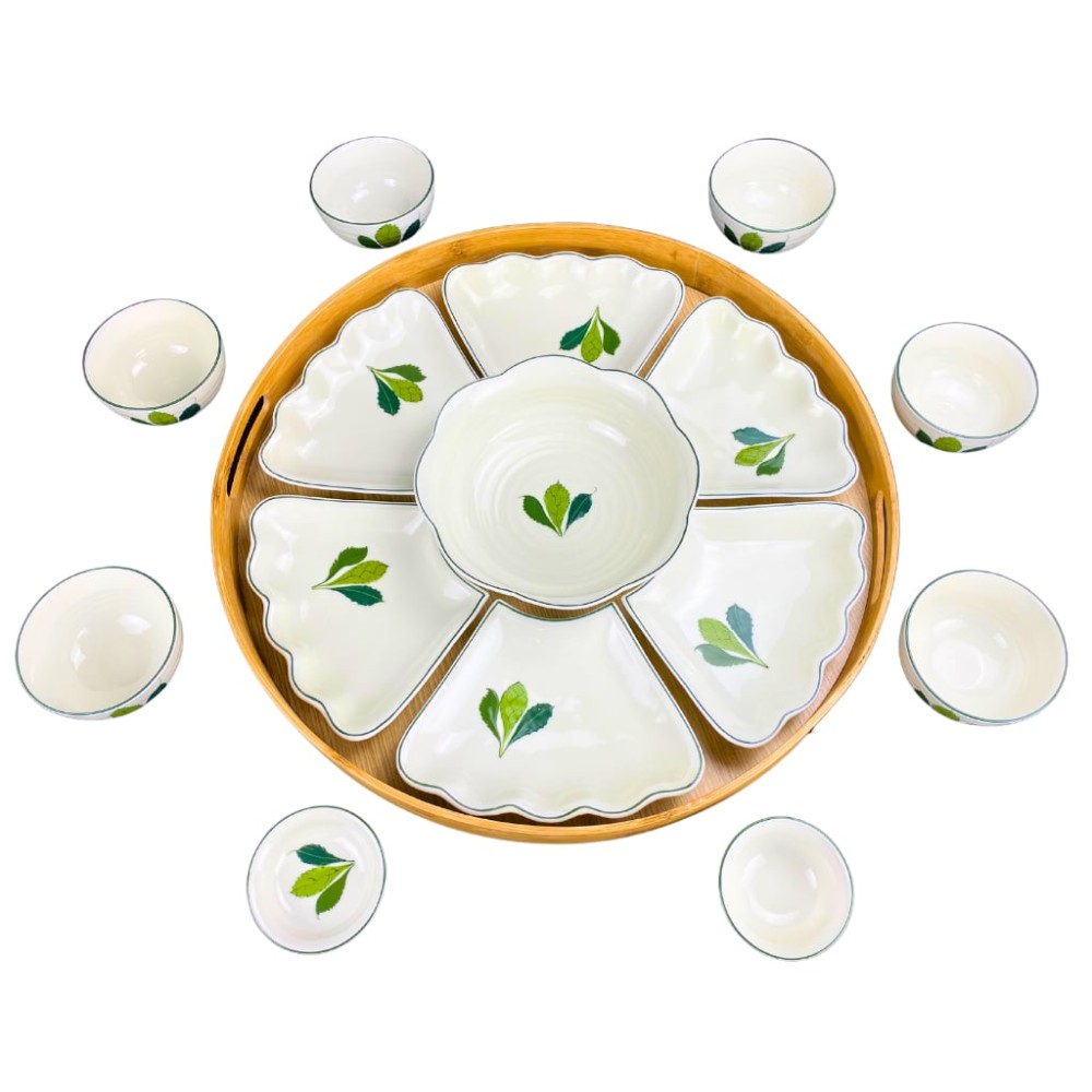 Bộ Bát Đĩa Hoa Mặt Trời Men Kem Vẽ Ngò Gai