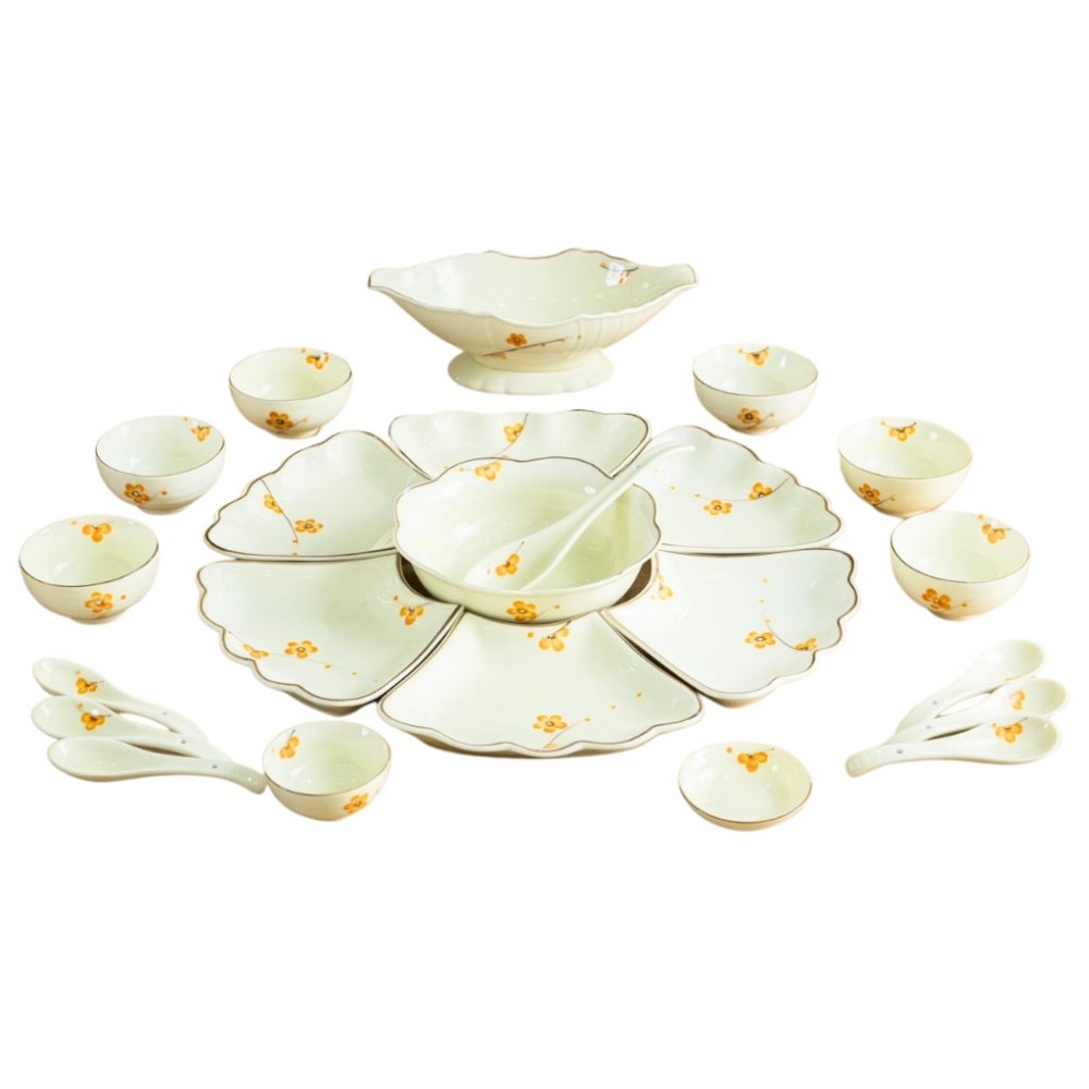 Bộ Bát Đĩa Hoa Mặt Trời Vẽ Mai Vàng 230906