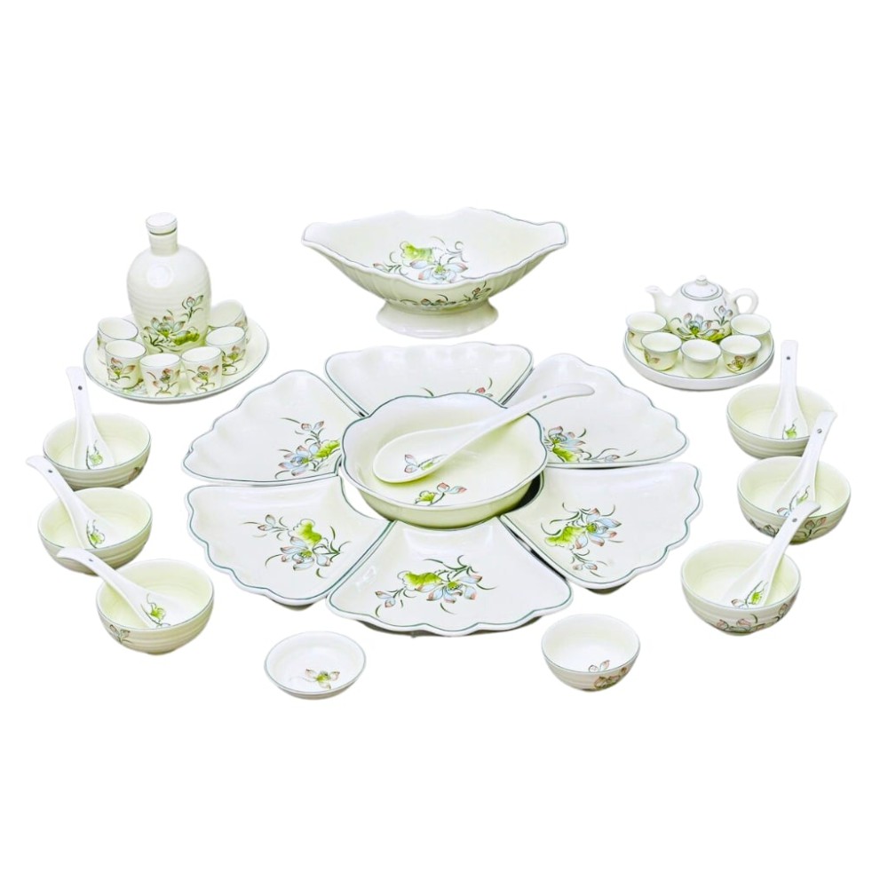 Bộ Bát Đĩa Hoa Mặt Trời Vẽ Sen Bóng 230904