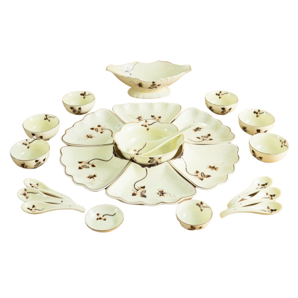 Bộ Bát Đĩa Hoa Mặt Trời Vẽ Sen Chàm 230907