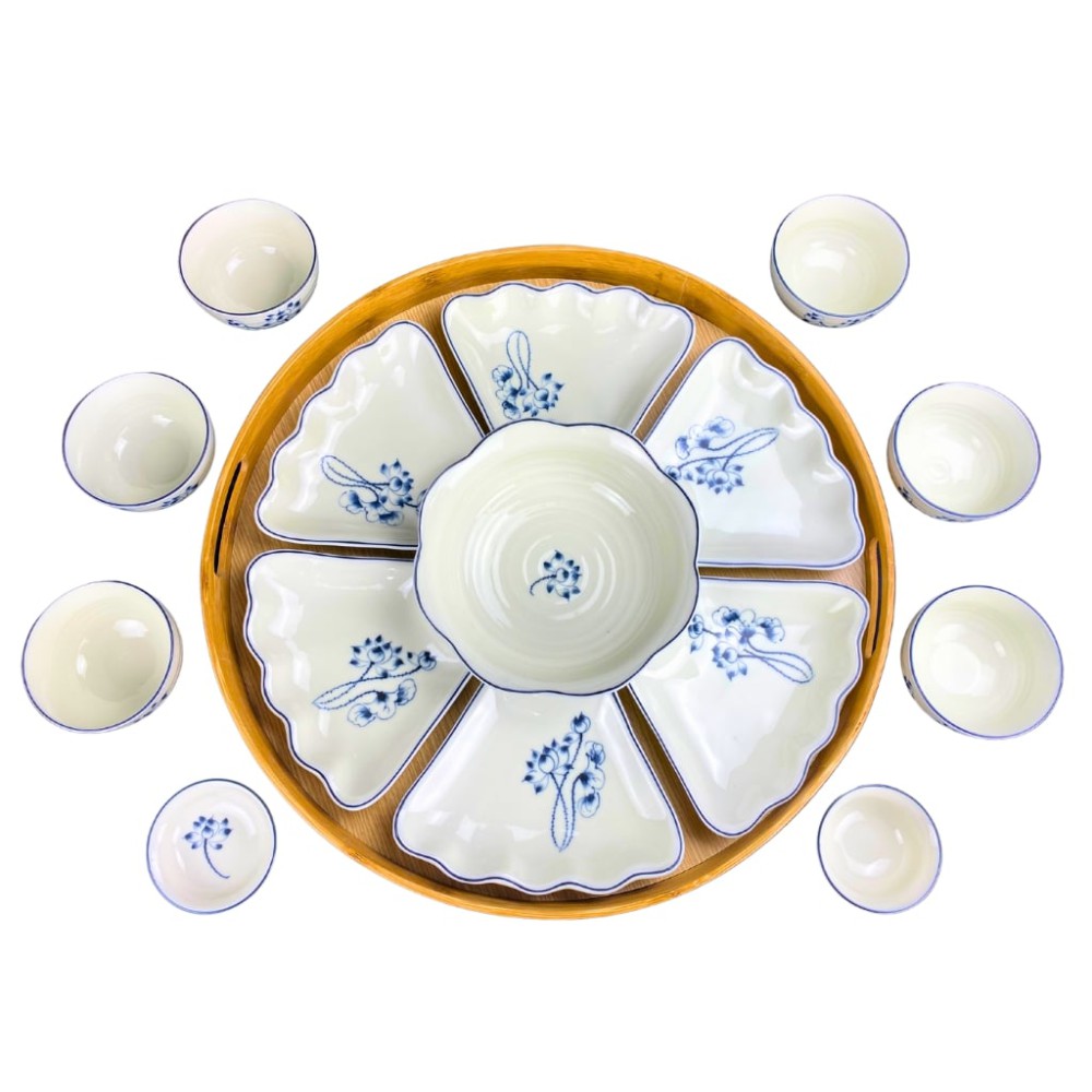 Bộ Bát Đĩa Hoa Mặt Trời Men Kem Vẽ Sen Chàm