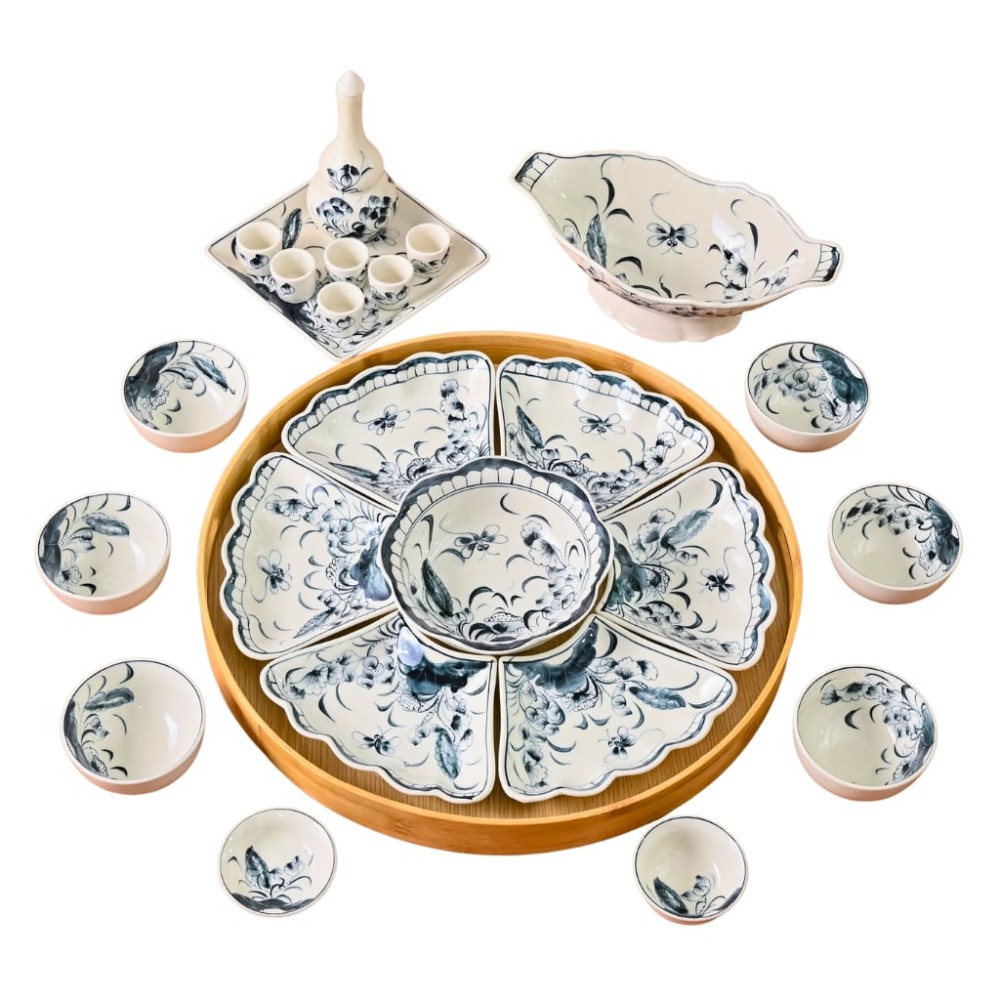 Bộ Bát Đĩa Hoa Mặt Trời Vẽ Sen Chuồn 230900