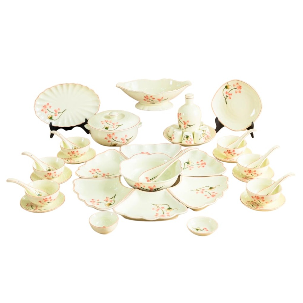 Bộ Bát Đĩa Hoa Mặt Trời Vẽ Sen Hồng 230908