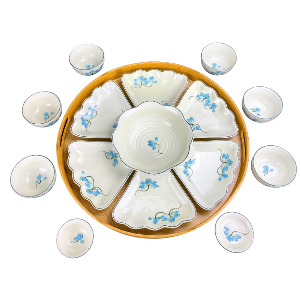 Bộ Bát Đĩa Hoa Mặt Trời Men Kem Vẽ Sen Xanh