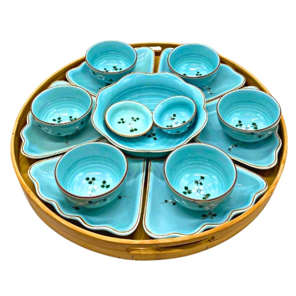 Bộ Bát Đĩa Hoa Mặt Trời Xanh Ngọc Vẽ Đào Trắng