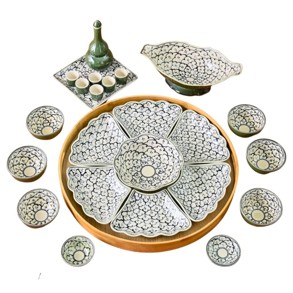 Bộ Bát Đĩa Hoa Mặt Trời Men Rêu Vẽ Liên Hoa 230890