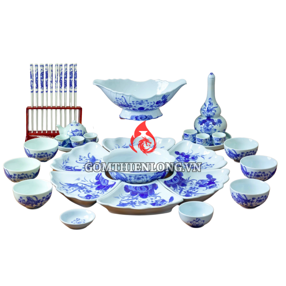 Bộ Bát Đĩa Hoa Mặt Trời Lam Ngọc Vẽ Sen