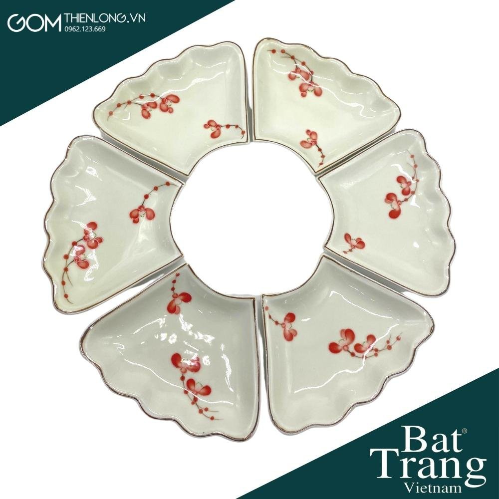 Bộ Bát Đĩa Hoa Mặt Trời Men Kem Vẽ Đào Đỏ