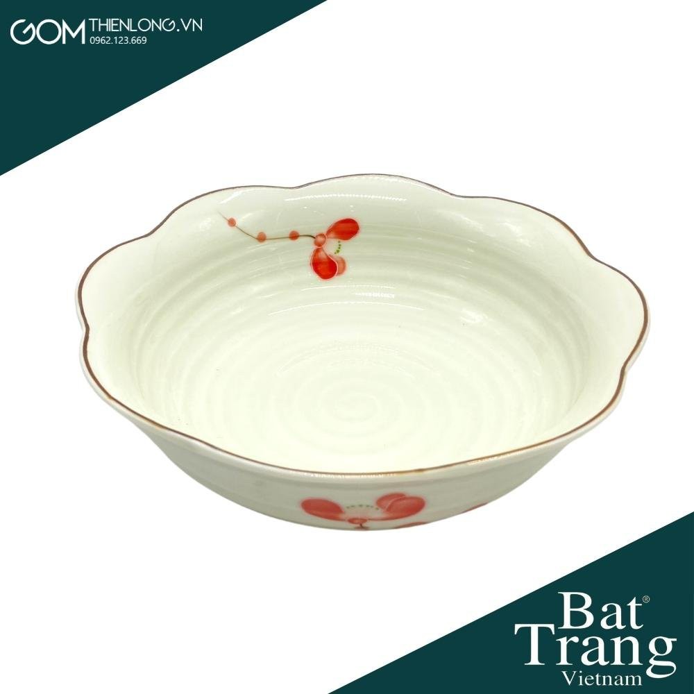 Bộ Bát Đĩa Hoa Mặt Trời Men Kem Vẽ Đào Đỏ