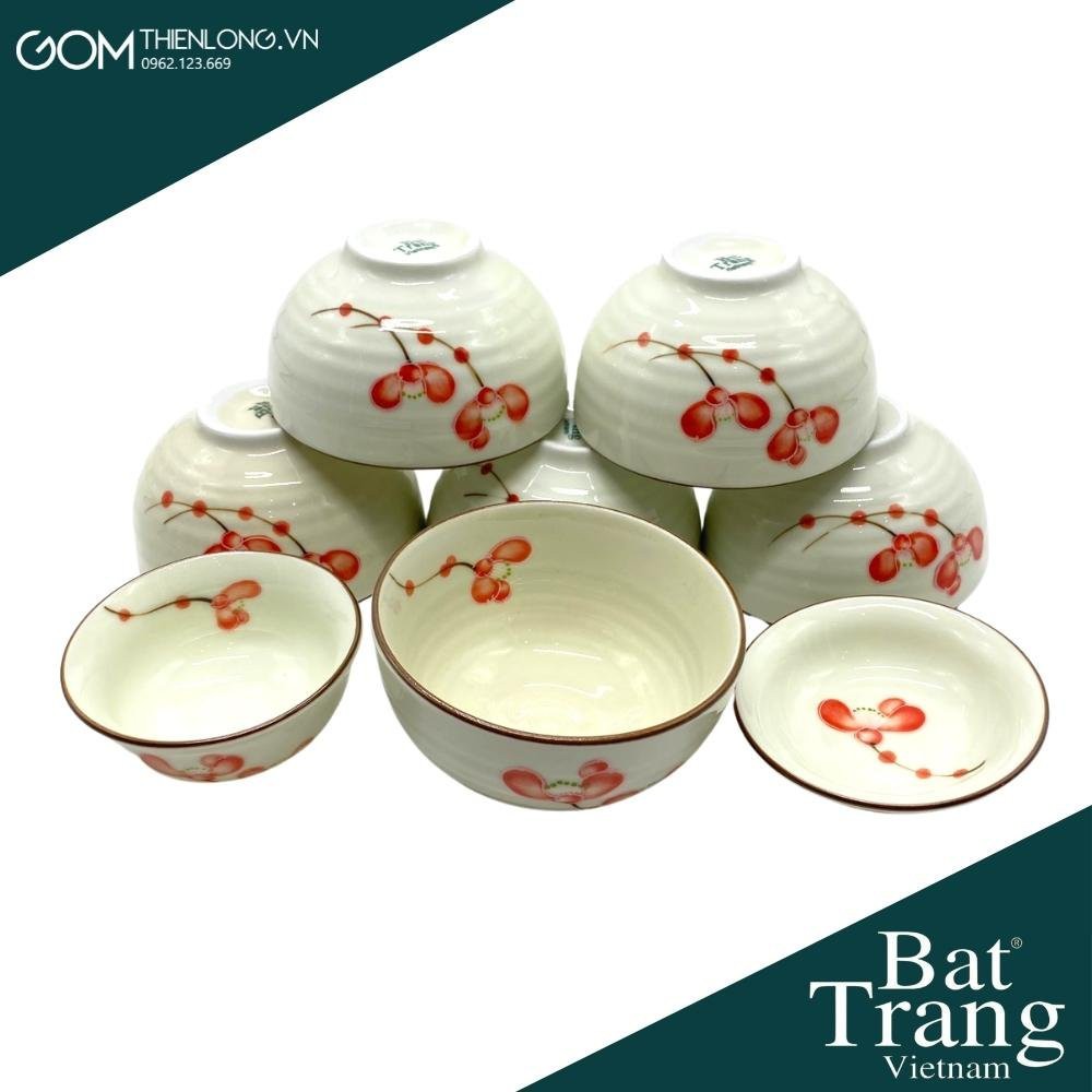 Bộ Bát Đĩa Hoa Mặt Trời Men Kem Vẽ Đào Đỏ