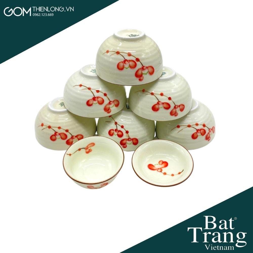 Bộ Bát Đĩa Hoa Mặt Trời Men Kem Vẽ Đào Đỏ
