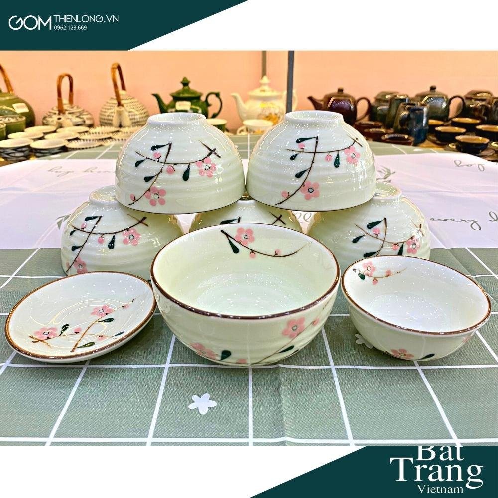 Bộ Bát Đĩa Hoa Mặt Trời Men Kem Vẽ Đào Hồng