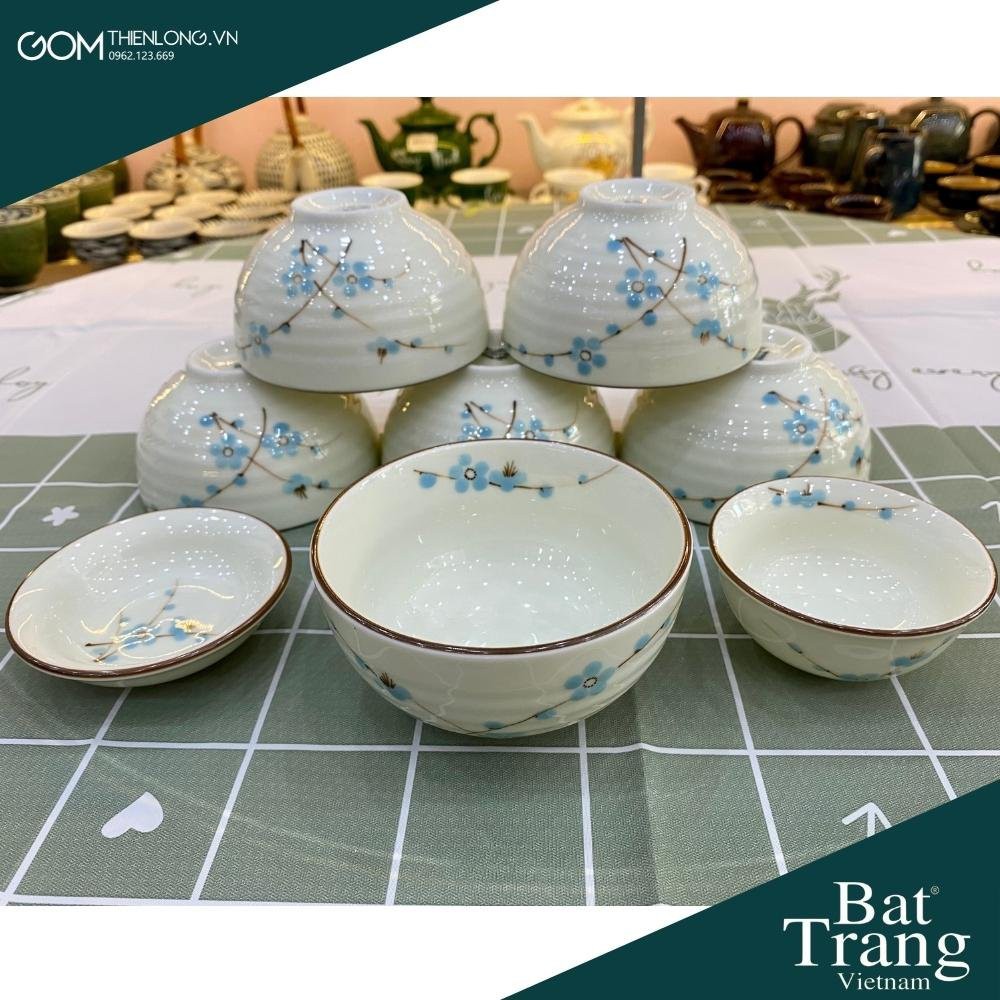 Bộ Bát Đĩa Hoa Mặt Trời Men Kem Vẽ Đào Xanh