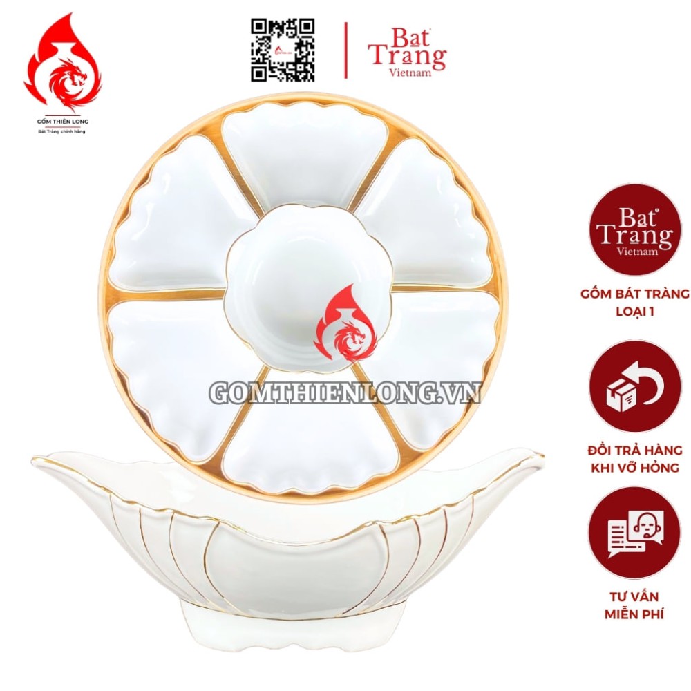 Bộ Bát Đĩa Hoa Mặt Trời Men Trắng Viền Vàng 24k 240102
