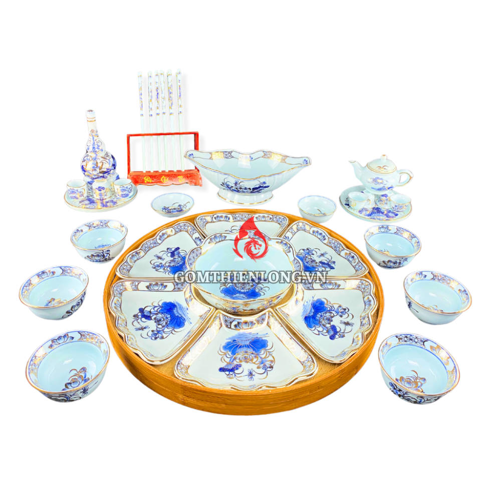 Bộ Bát Đĩa Hoa Mặt Trời Men Lam Ngọc Vẽ Vàng 231220