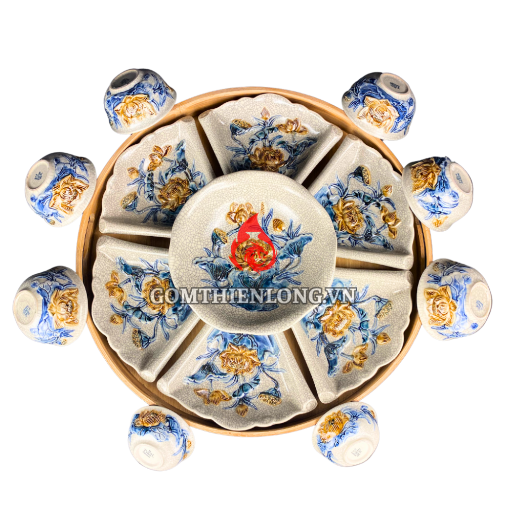 Bộ Bát Đĩa Hoa Mặt Trời Men Rạn Đắp Nổi 070823