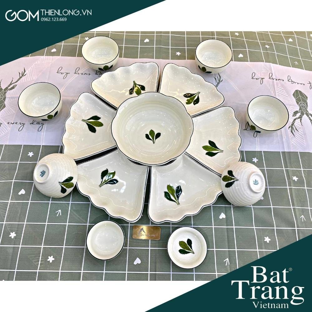 Bộ Bát Đĩa Hoa Mặt Trời Men Kem Vẽ Ngò Gai